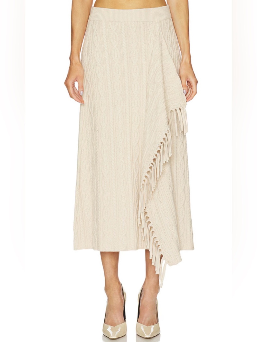 SIMKHAI Kara Fringed Cotton Blend Cable Knit Midi Skirt Sand XS